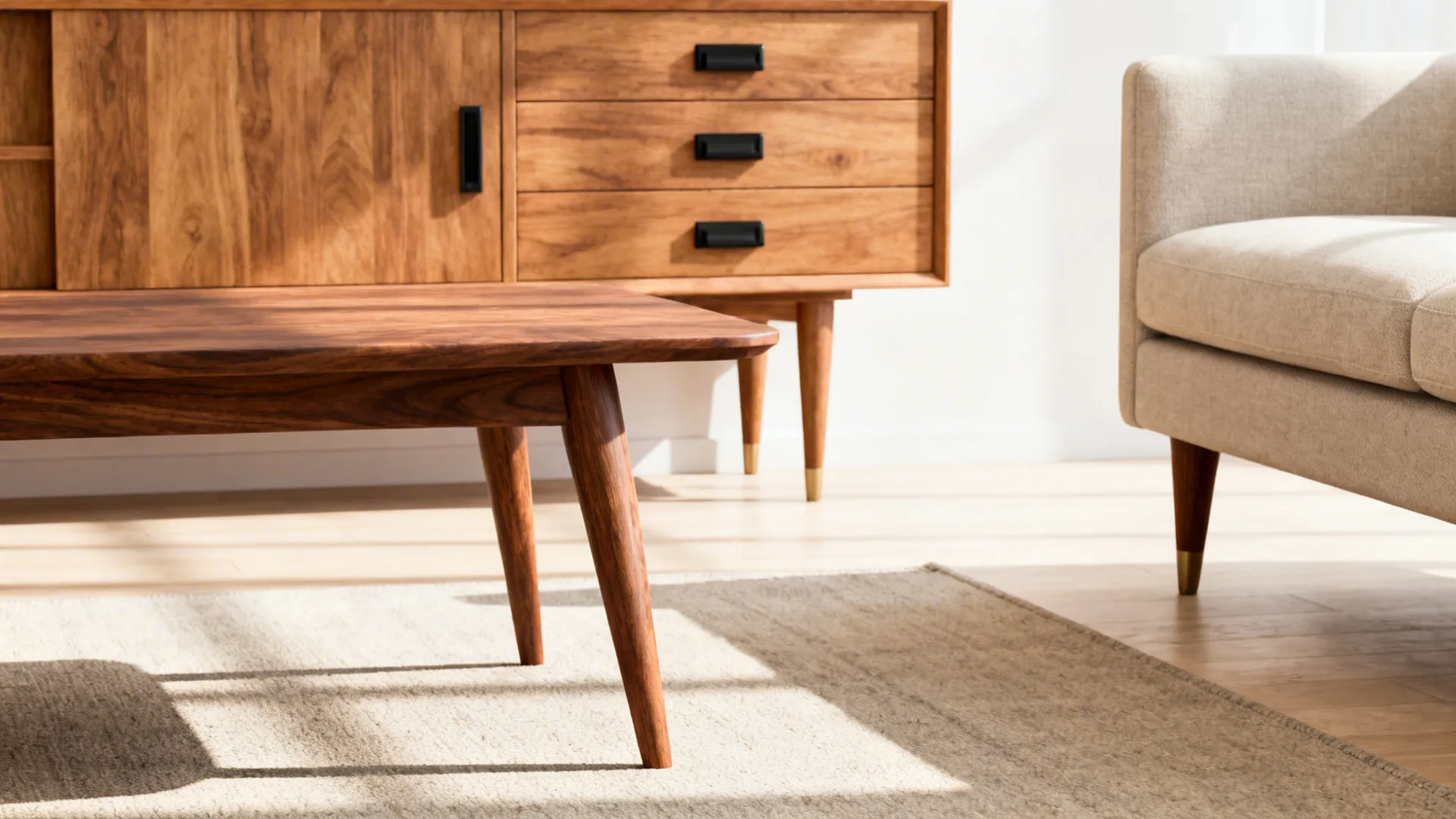 Close view of mid-century furniture showing tapered wooden legs and mixed walnut and oak pieces.