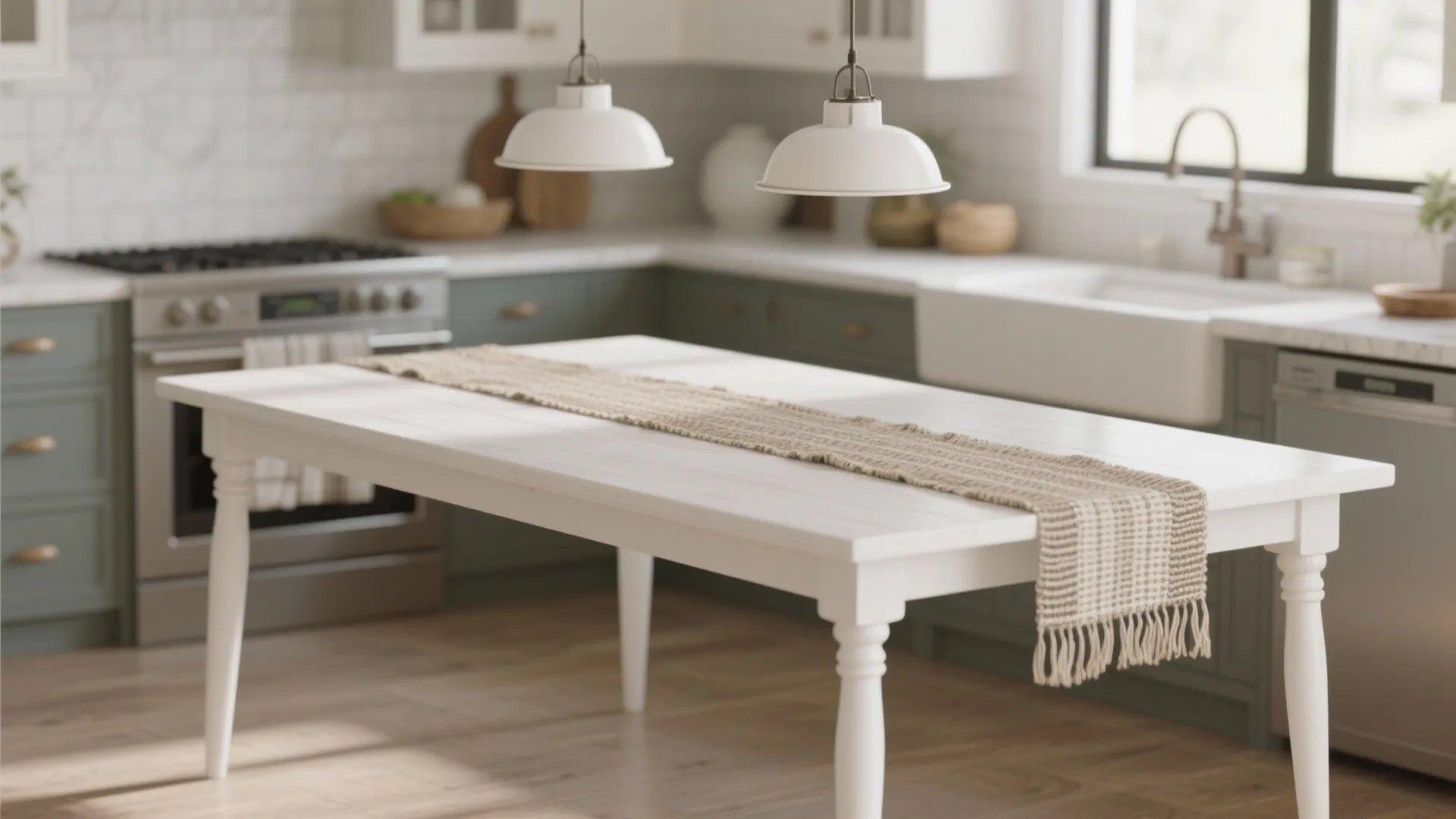 Modern white dining table with tapered legs in a green kitchen with white ceiling lights