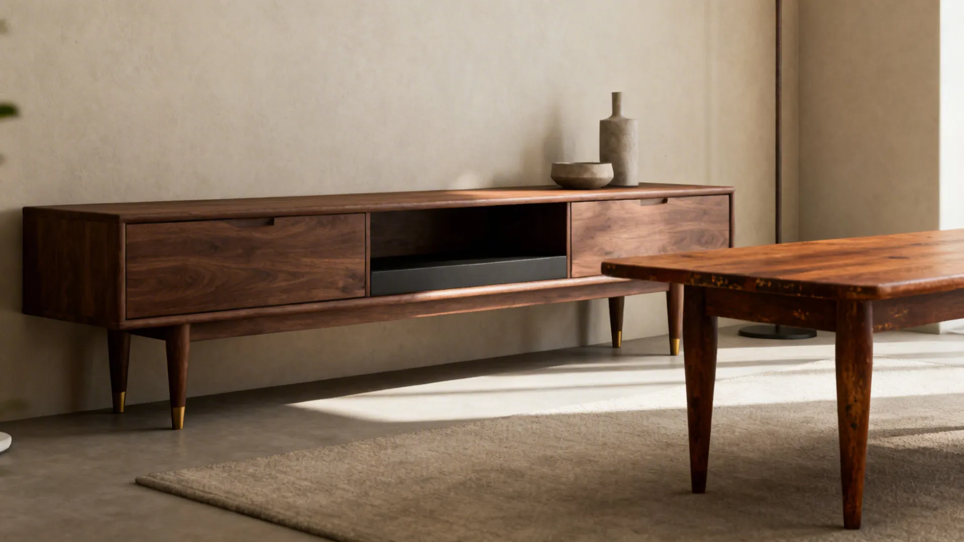 Walnut and teak tapered-leg furniture in a compact living room showing warm wood finishes and low-profile silhouettes