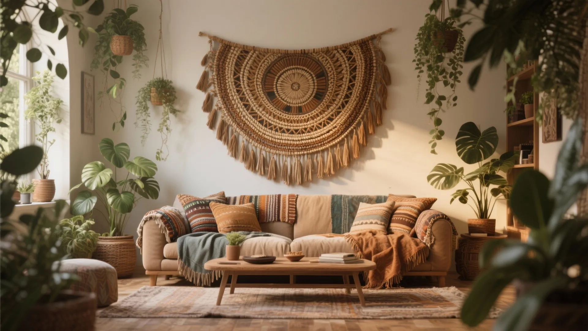 Bohemian living room with a large woven wall hanging above a beige sofa and plants