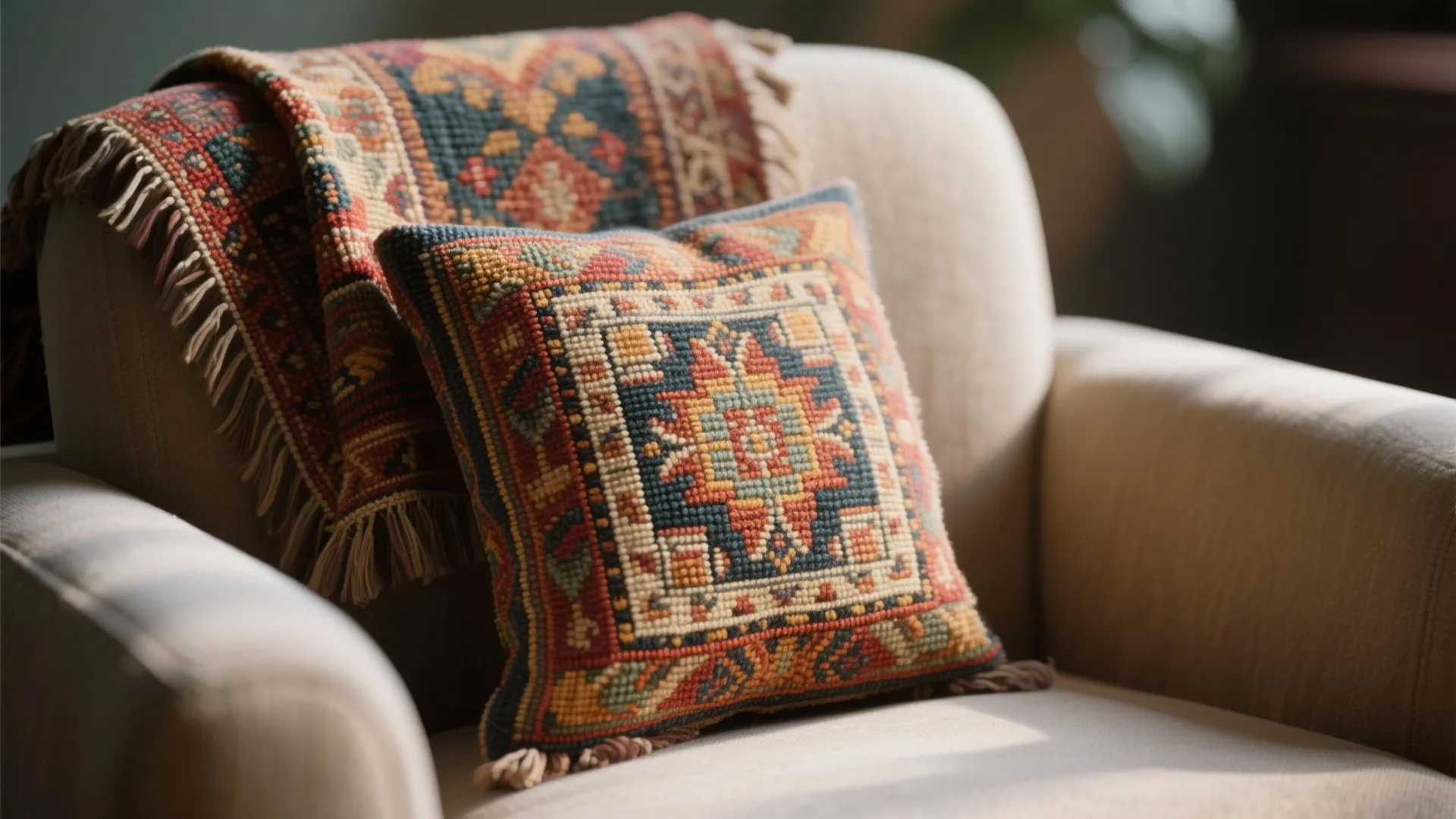 Close-up of tapestry fabric draped over an armchair