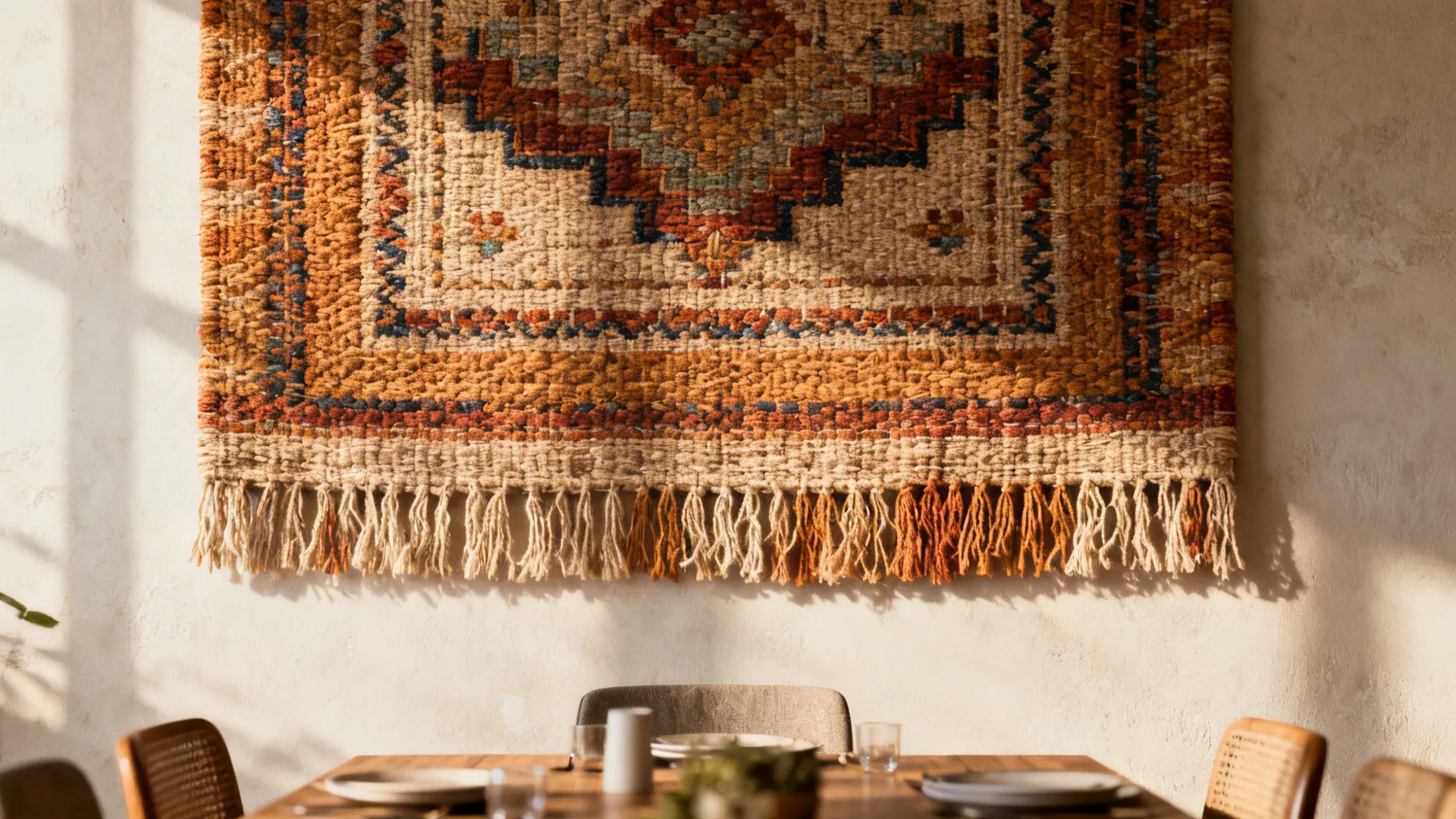 手工编织挂毯的局部特写，展示质地与温暖的纤维细节，置于餐桌上方