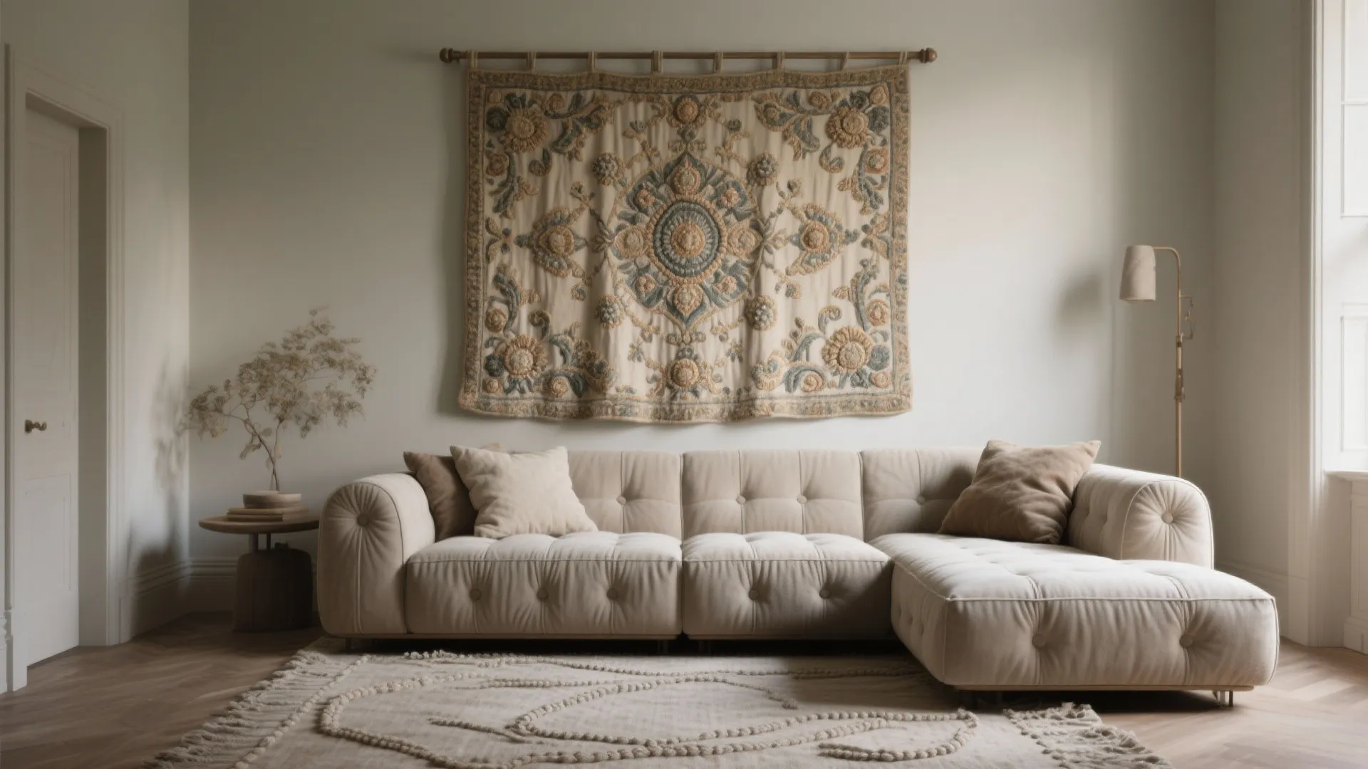 Compact living room anchored by an oversized embroidered tapestry above the sofa with rich stitch relief.