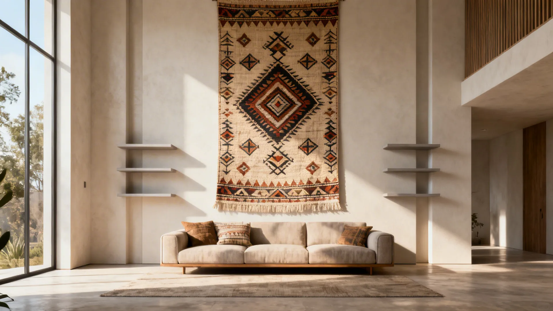 Large patterned wall hanging on a high wall above a beige sofa with decorative pillows