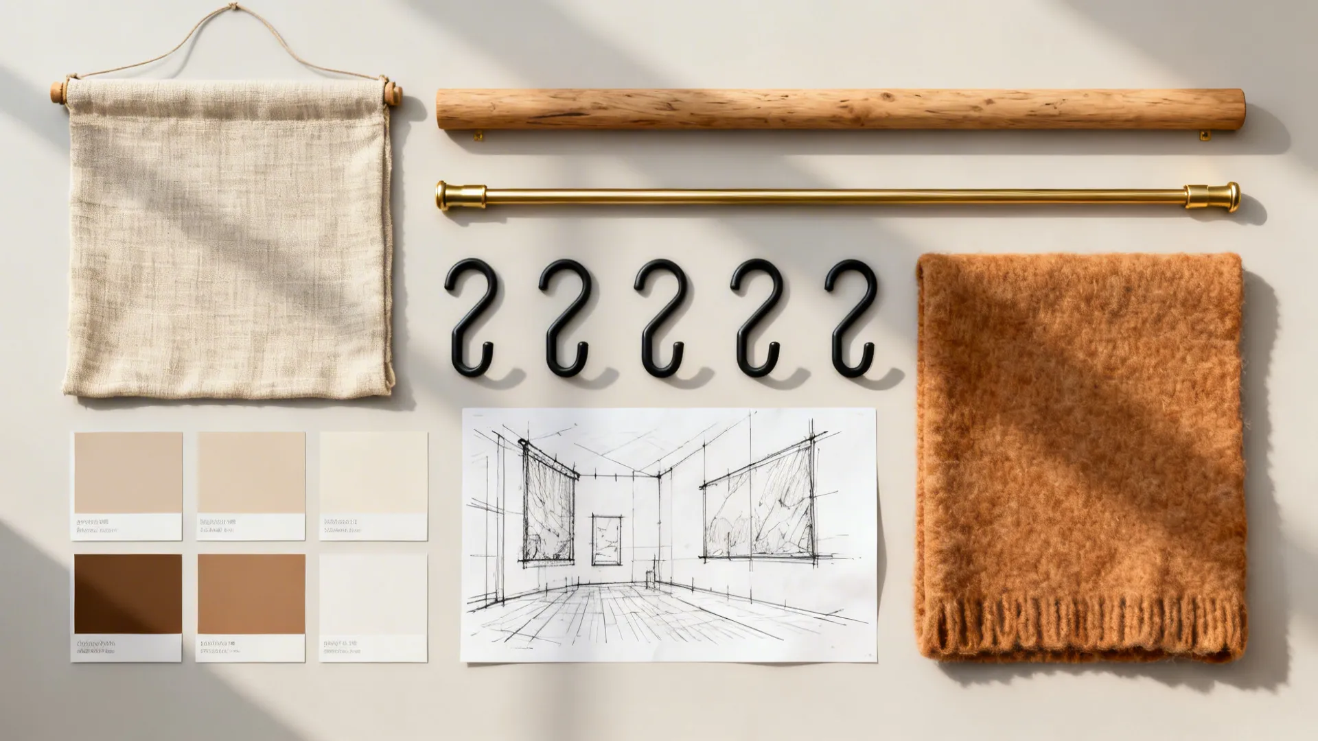 Top-down materials: linen, oak dowel, brass rod, hooks, and neutral swatches.