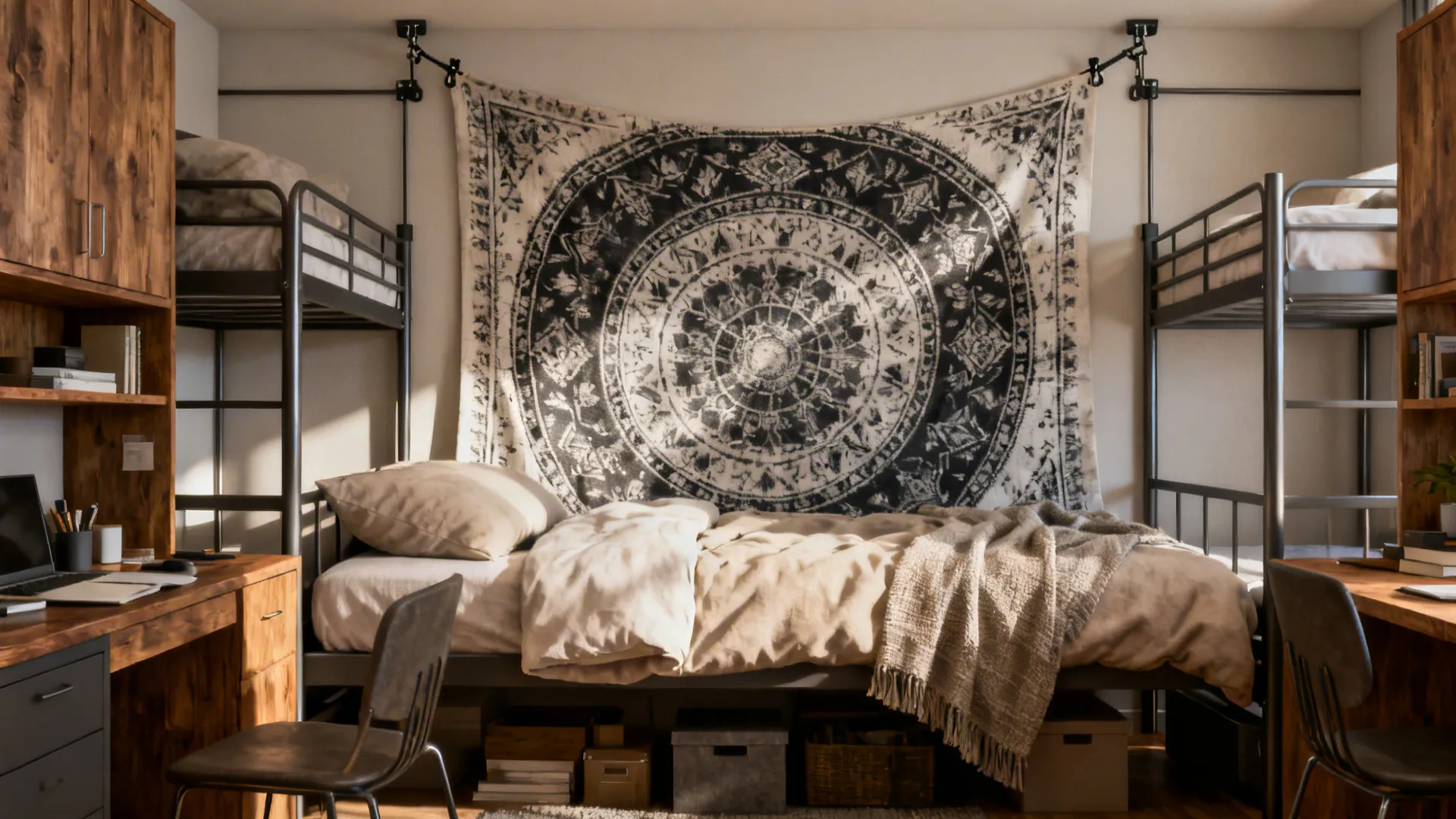 Monochrome tapestry hung behind a dorm bed to soften and define the room