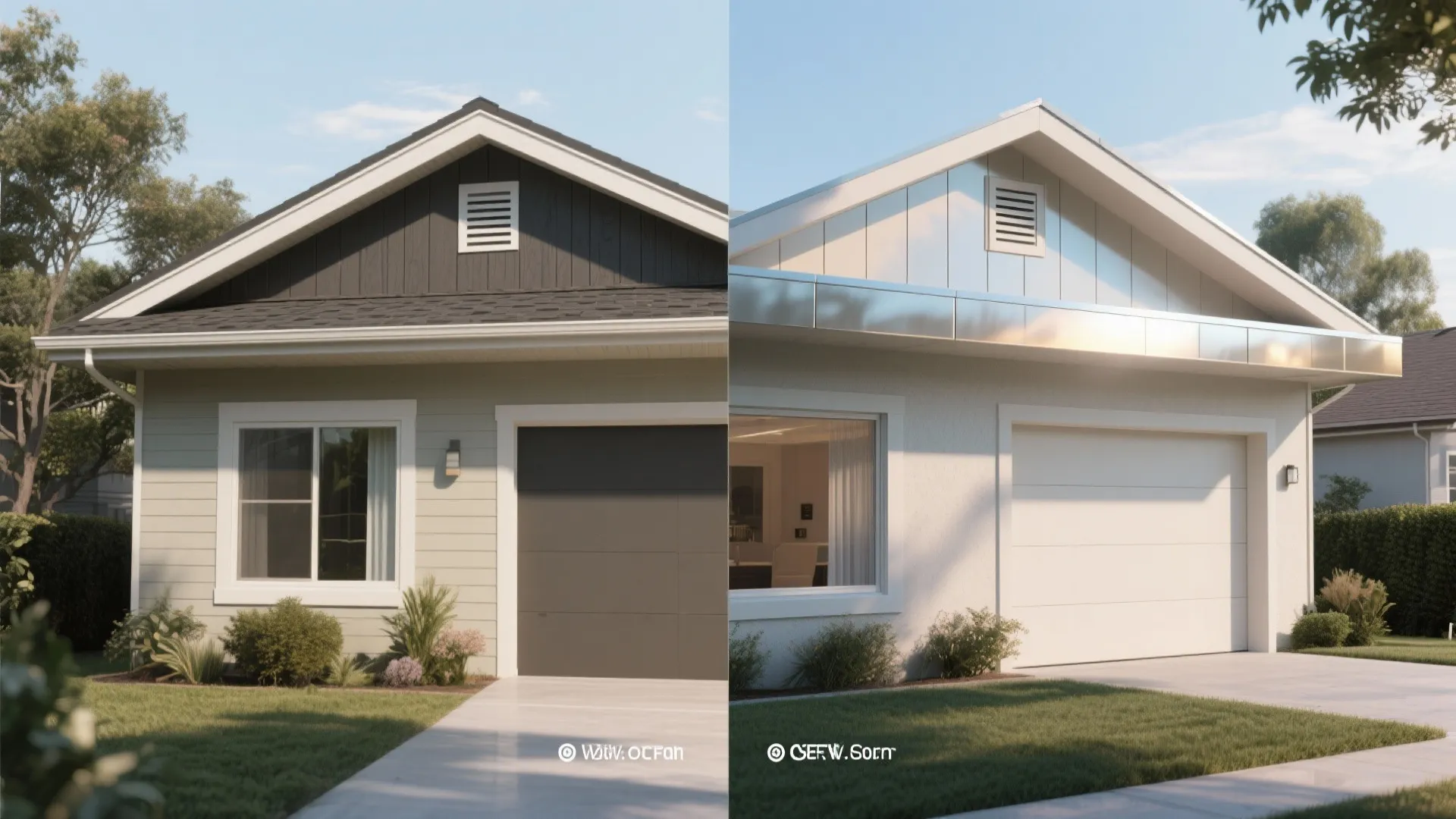 Before-and-after of targeted parapet and soffit repainting showing reduced heat glare and cohesive appearance.