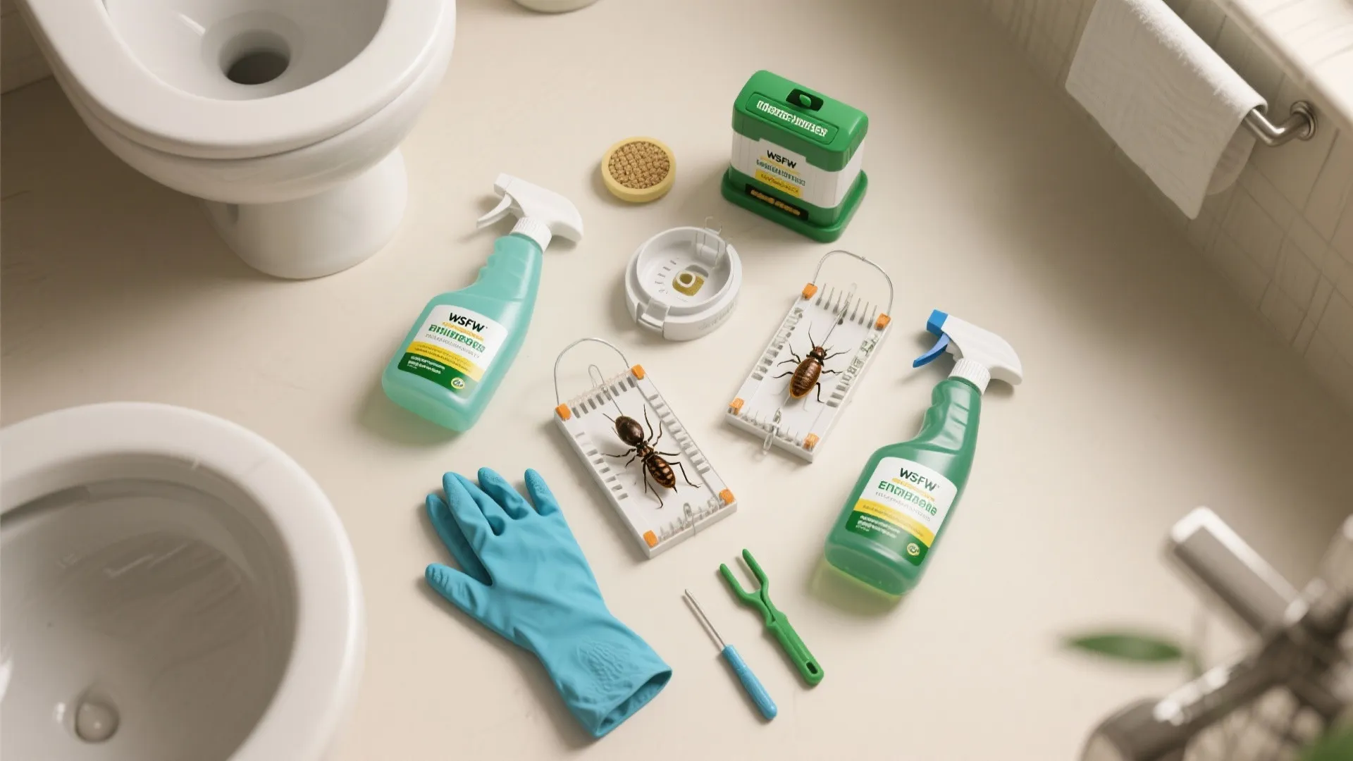 Flatlay of targeted traps, enzyme cleaner and tools for treating bathroom pest issues