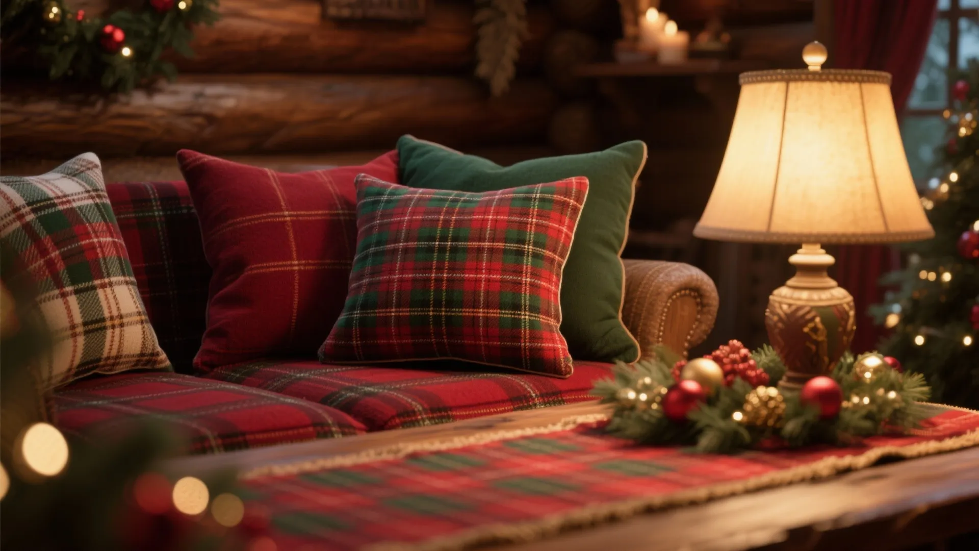 Close-up of tartan plaid Christmas decor items in a lodge-style room