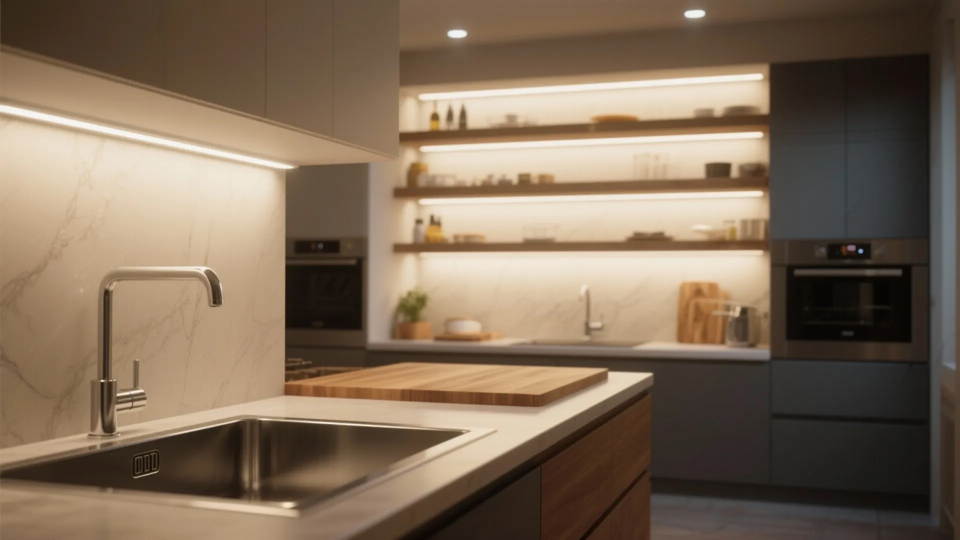 Modern kitchen with warm under cabinet lighting over marble countertop and wooden cutting board on island