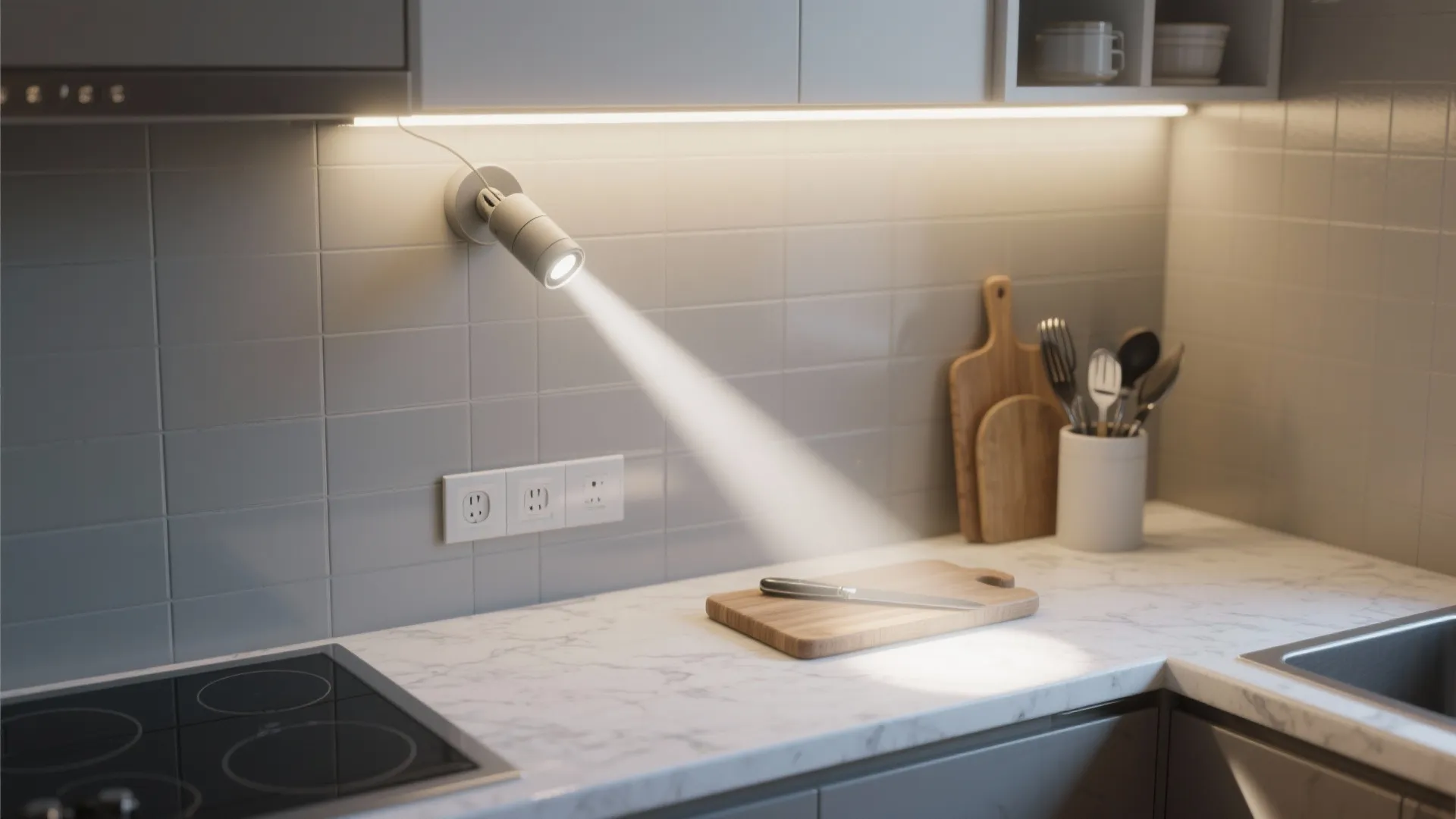 Modern kitchen counter with wall light shining on a wooden cutting board and marble surface