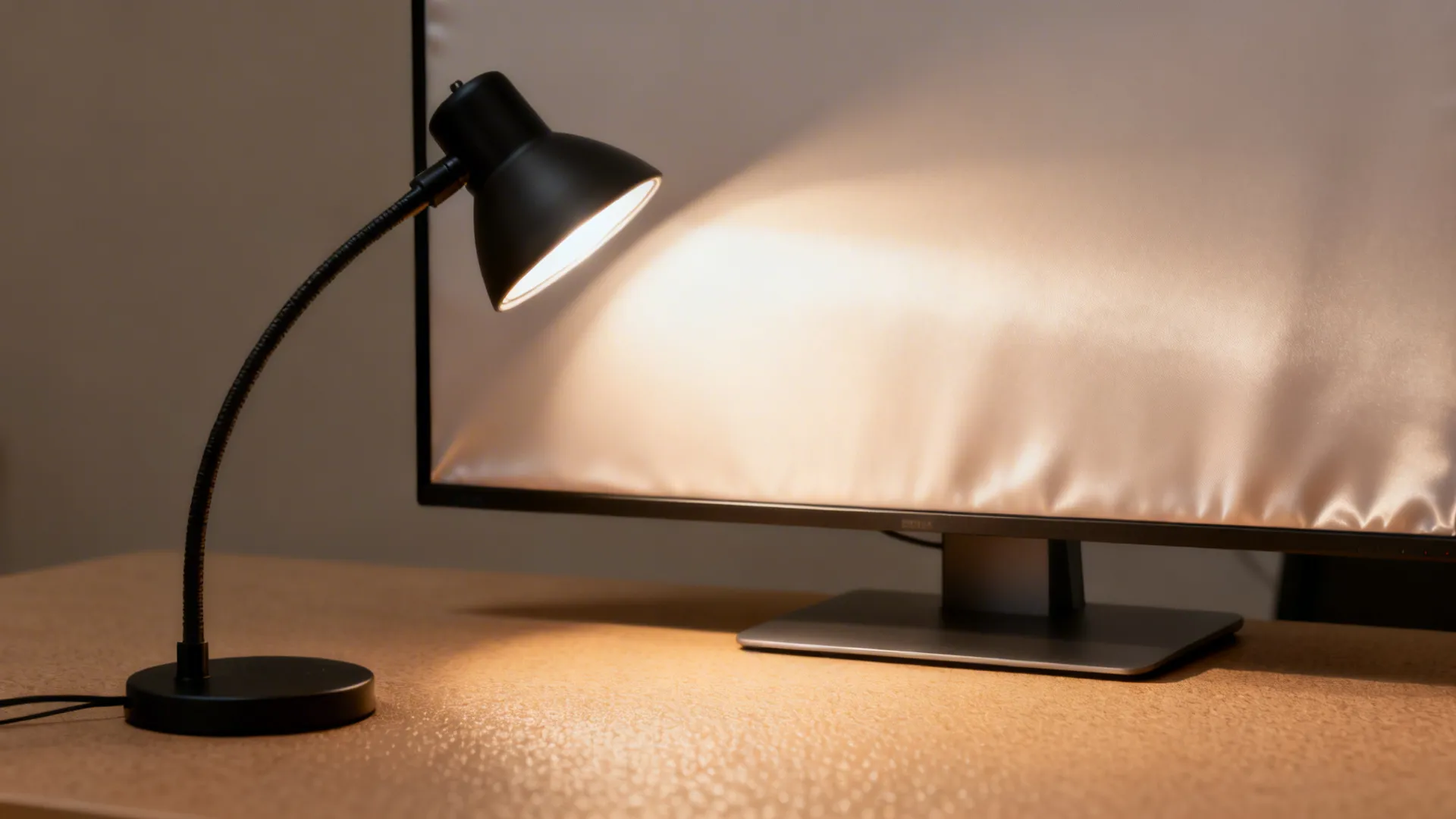 Macro view of task lamp beam and soft bounce on a pale satin panel behind a monitor.