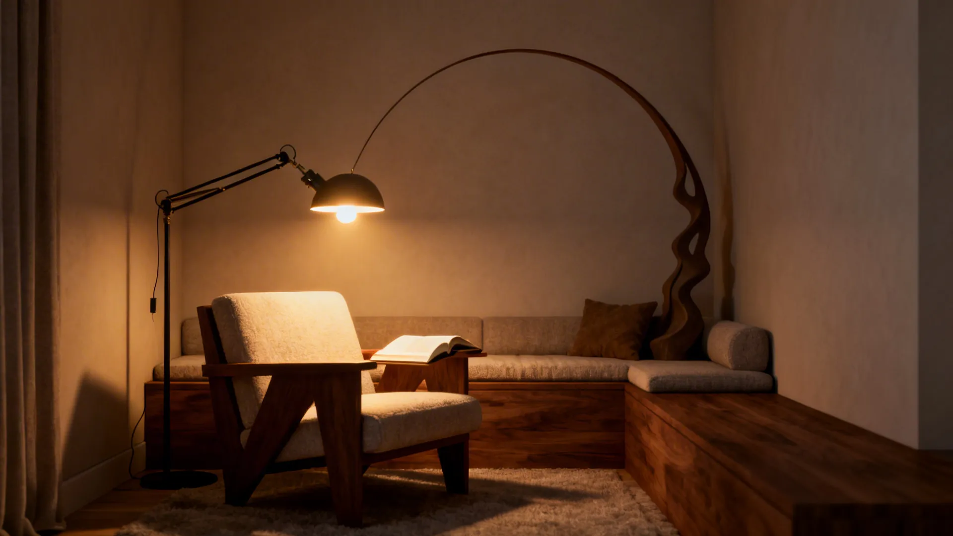 Cozy reading nook with a wooden chair an open book and warm floor light fixtures