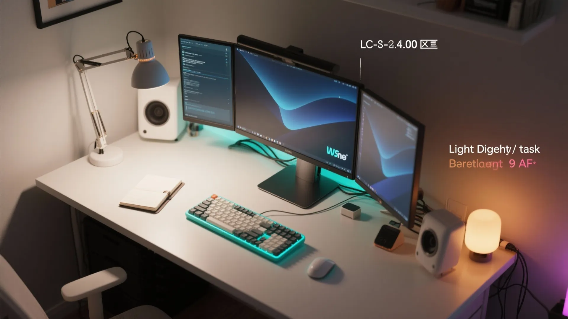 Top-down view of a desk with high-CRI task light and subtle teal RGB accents around monitors.