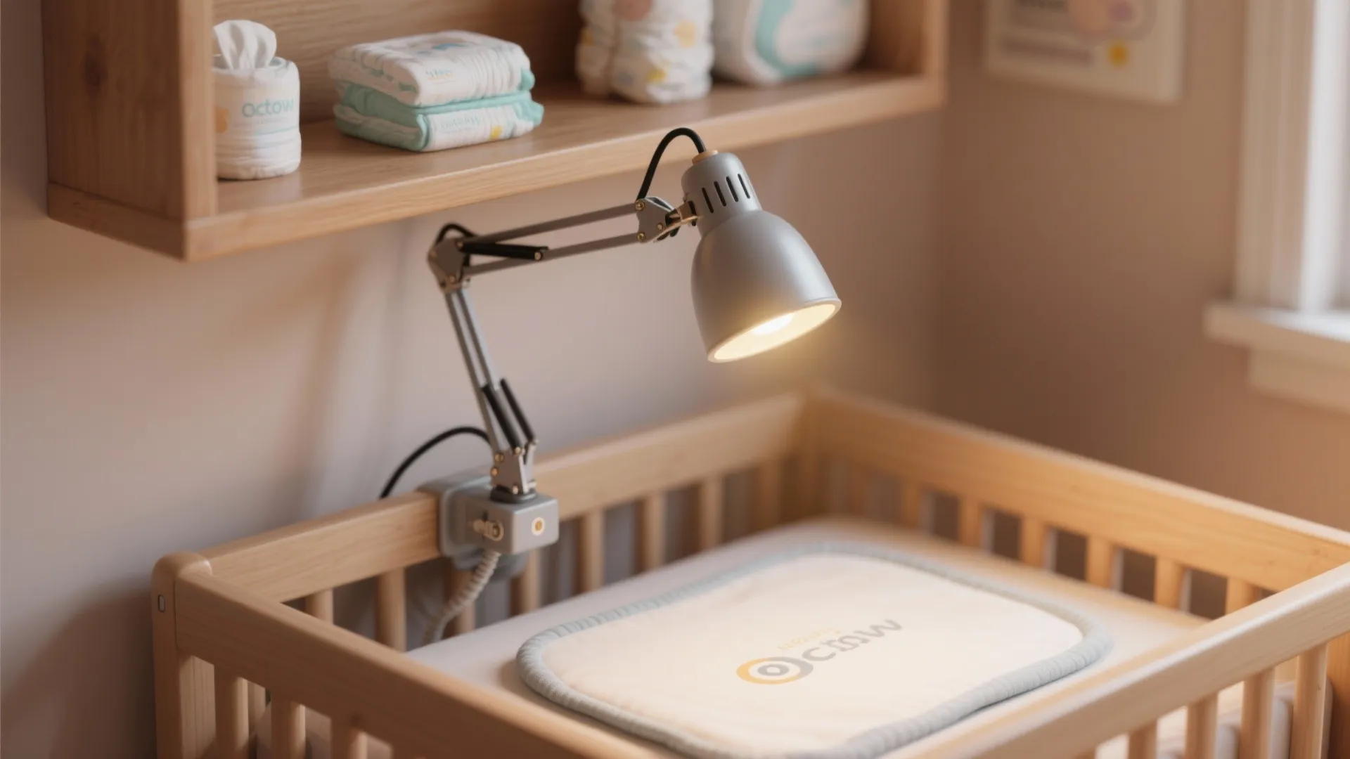 Adjustable clip-on task lamp illuminating a changing table with a focused warm beam.