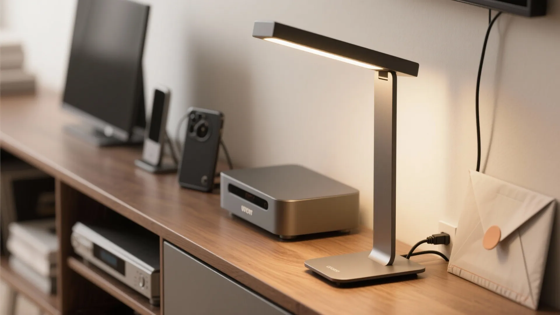 Modern grey desk light on wooden cabinet with small electronic devices and white wall background
