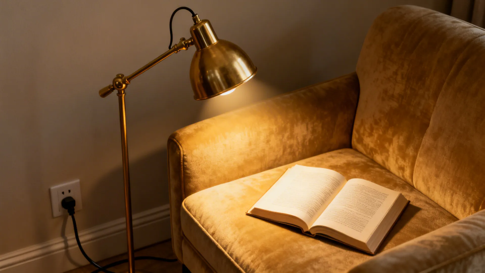 Adjustable swing-arm task lamp casting focused warm light on a book beside a compact loveseat.