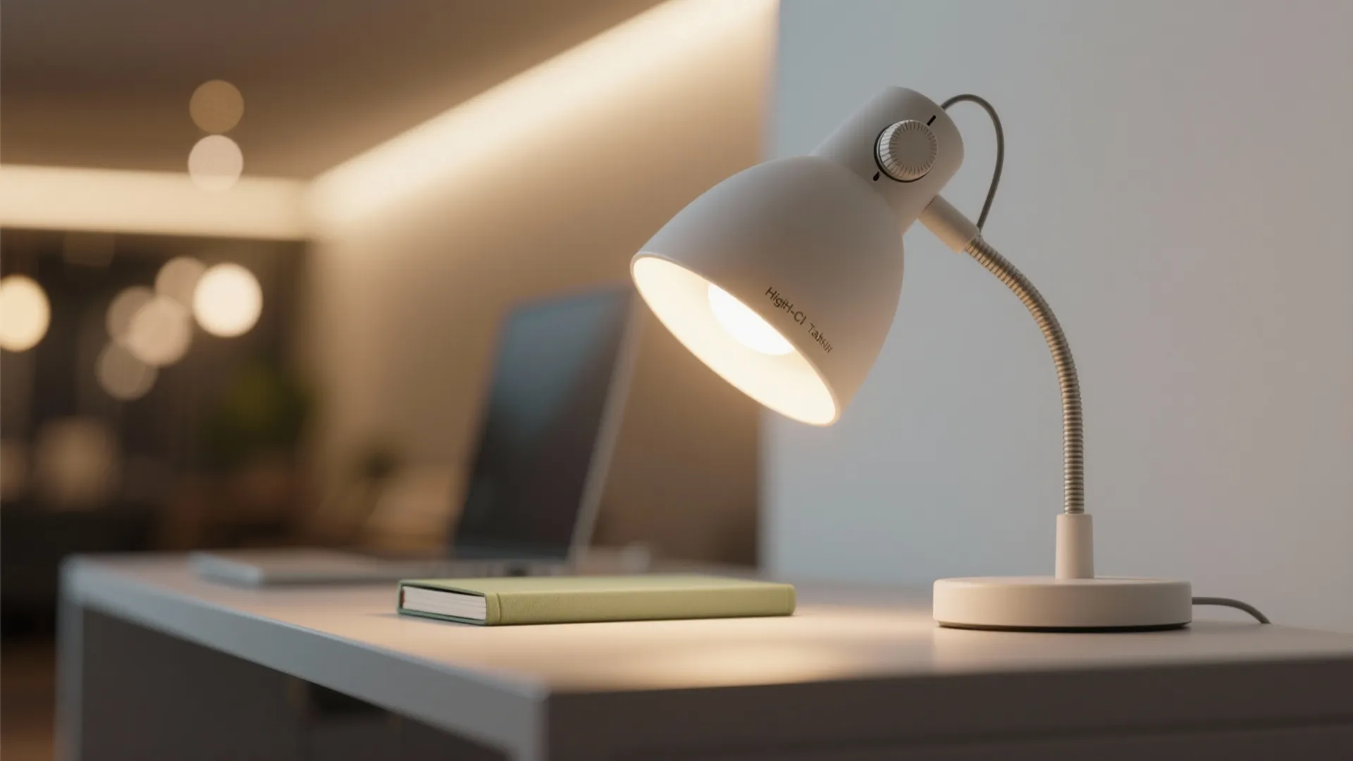 White desk lamp shining light on a small green book placed on a grey table