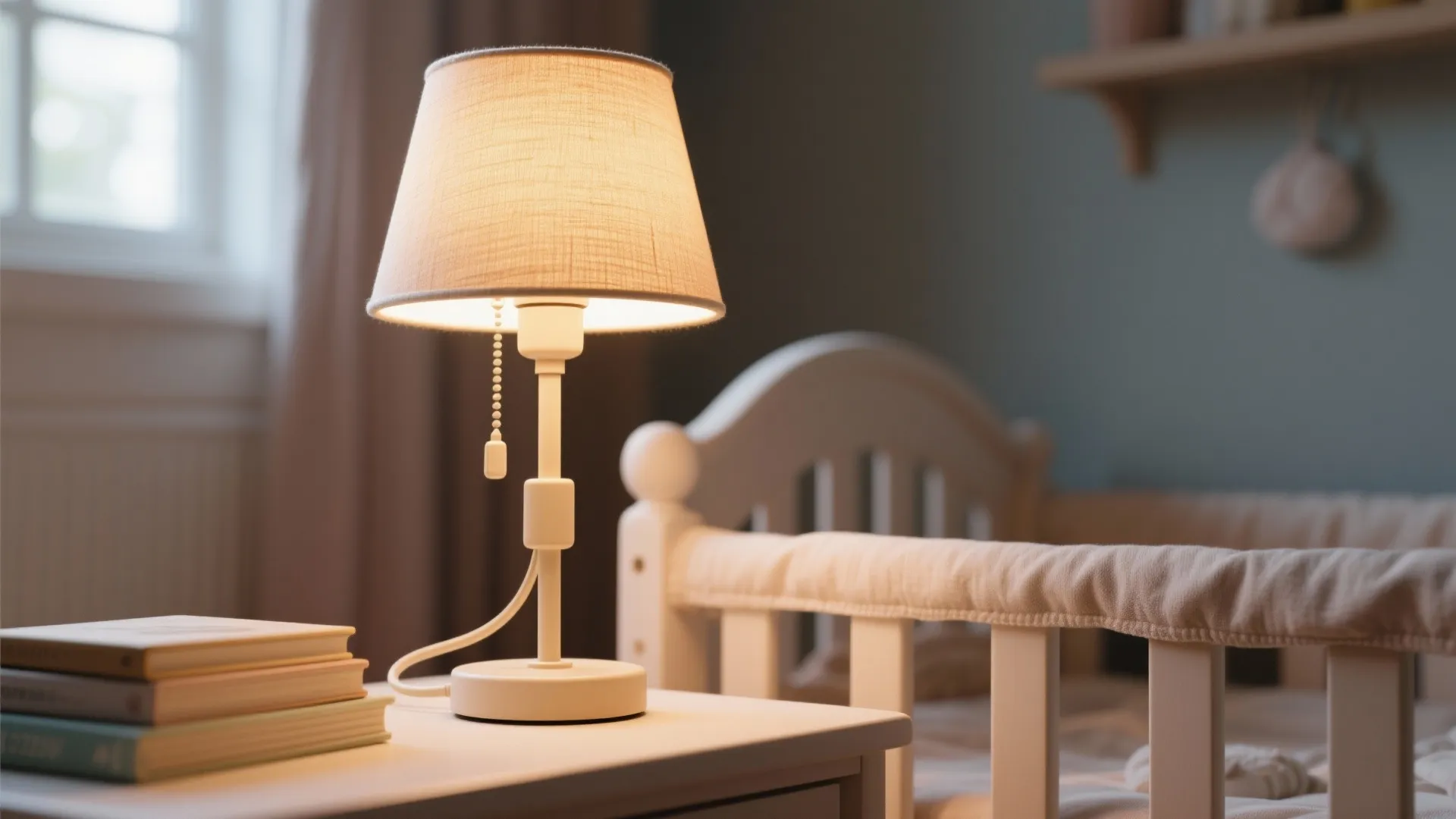 White desk lamp with fabric shade glowing on table next to books in cozy nursery