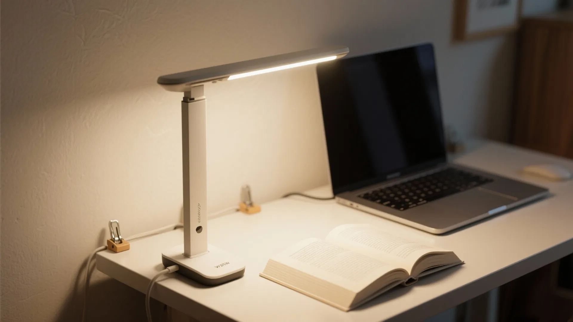 Modern white desk light illuminating an open book and a laptop on a white desk
