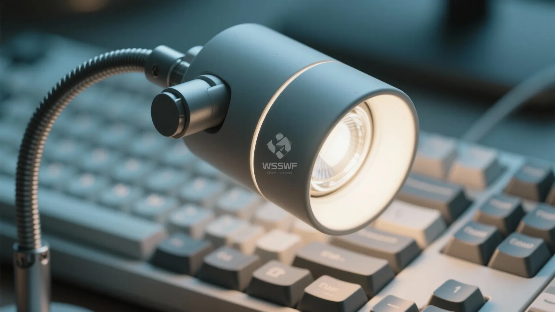 Small grey desk lamp with flexible neck shining bright light onto a white computer keyboard