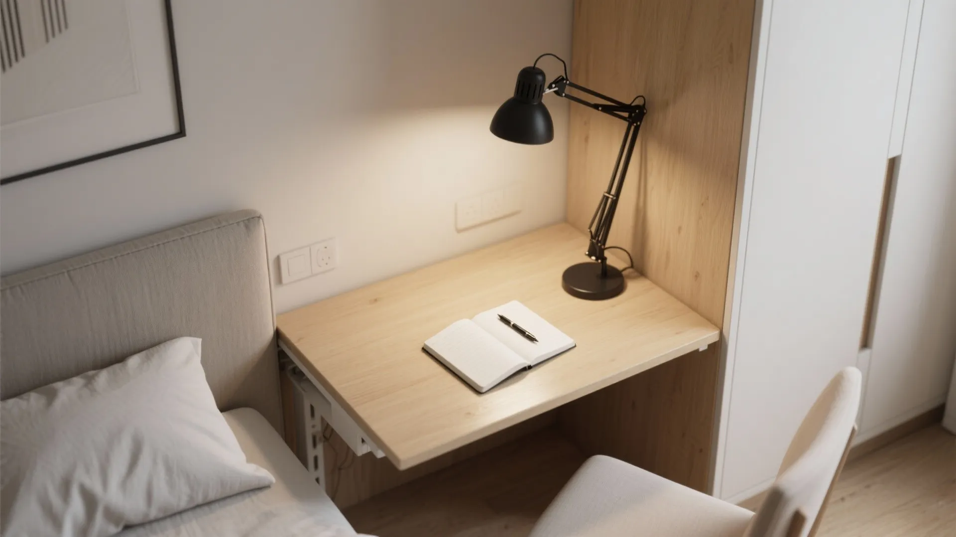 Modern small workspace with wooden desk black desk light open notebook and white office chair