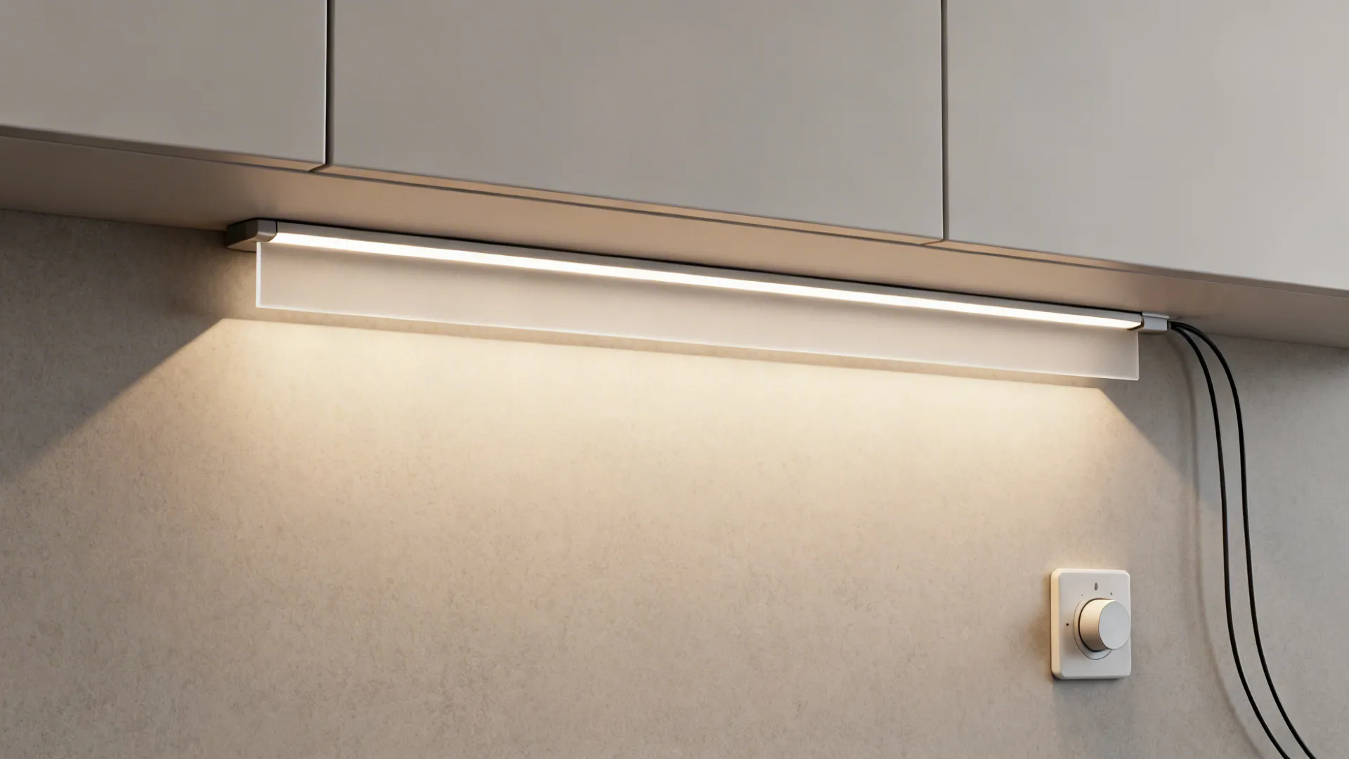 Close-up of an under-cabinet LED strip with diffuser casting soft light on the backsplash.