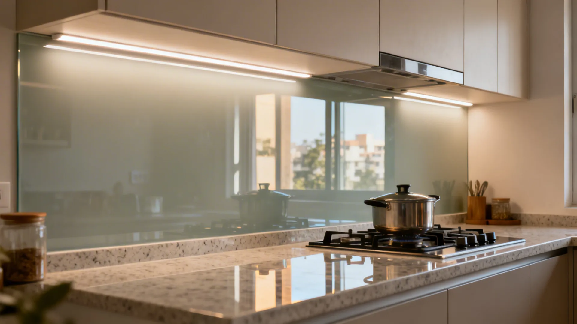 Under-cabinet 4000K LED lighting brightens a reflective glass backsplash over a quartz counter.