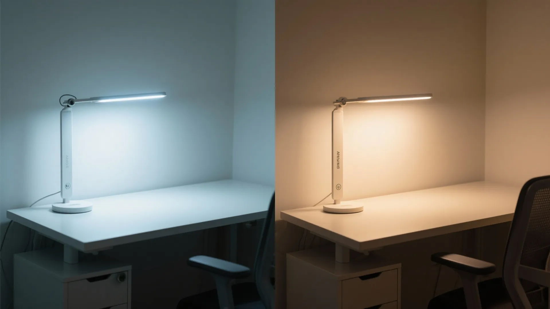 Split view comparing cool harsh task lighting with a warm-dim high-CRI lamp on the same desk.