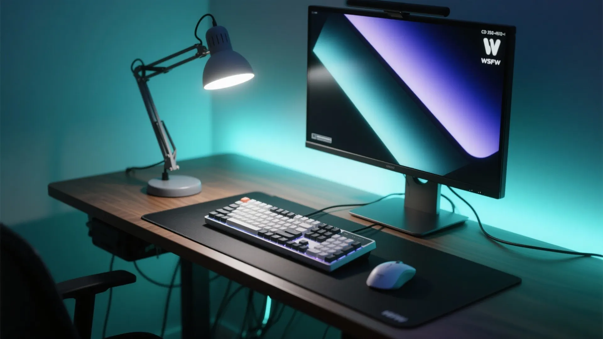 Modern wood desk with mechanical keyboard white mouse computer monitor and a grey adjustable desk lamp