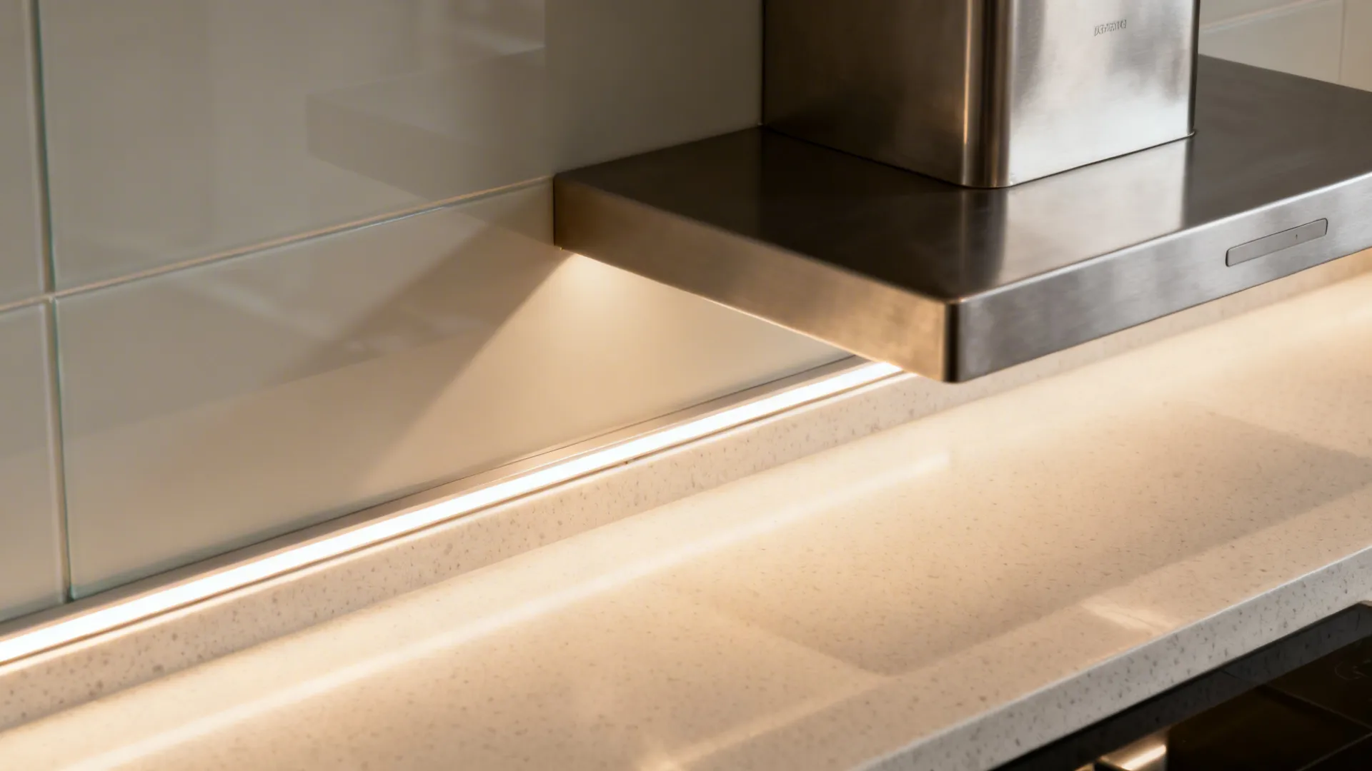 Macro of neutral LED task lighting under cabinets illuminating the counter.