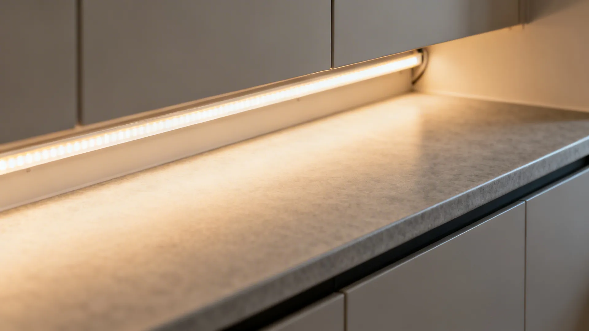 Close up of led strip light fixture under kitchen cabinets illuminating a grey stone countertop