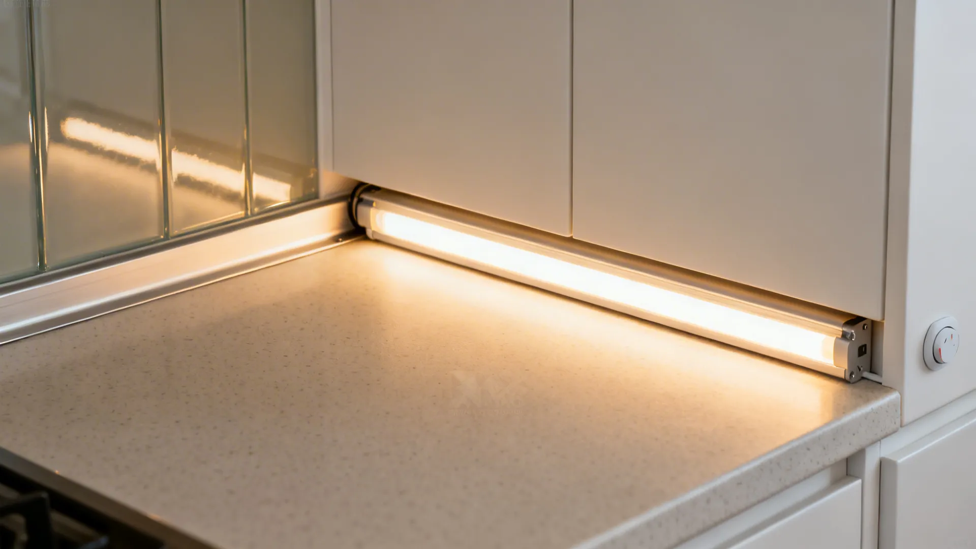 Close-up of high-CRI under-cabinet LED strip casting even warm light on a quartz counter.