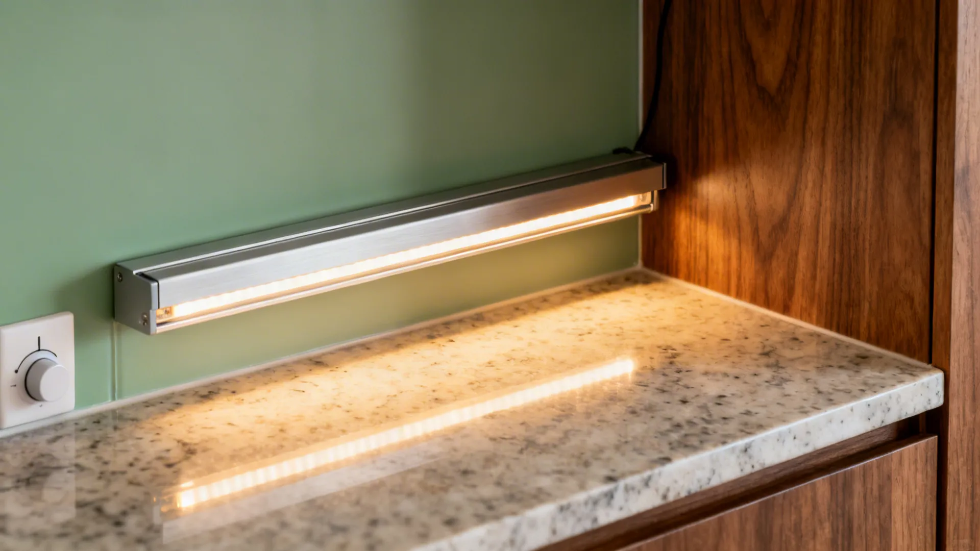 Macro of warm LED strip in aluminum channel lighting a quartz counter with green backsplash.