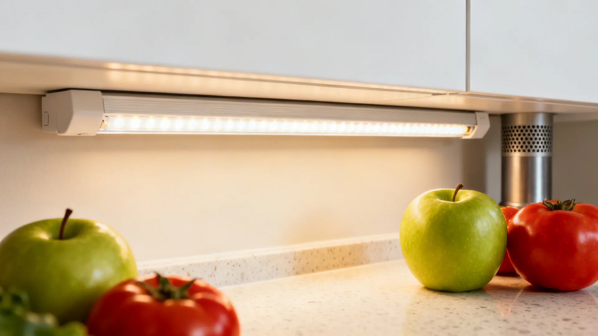 Close-up of under-cabinet LED lighting with warm tone on quartz countertop and chimney baffle
