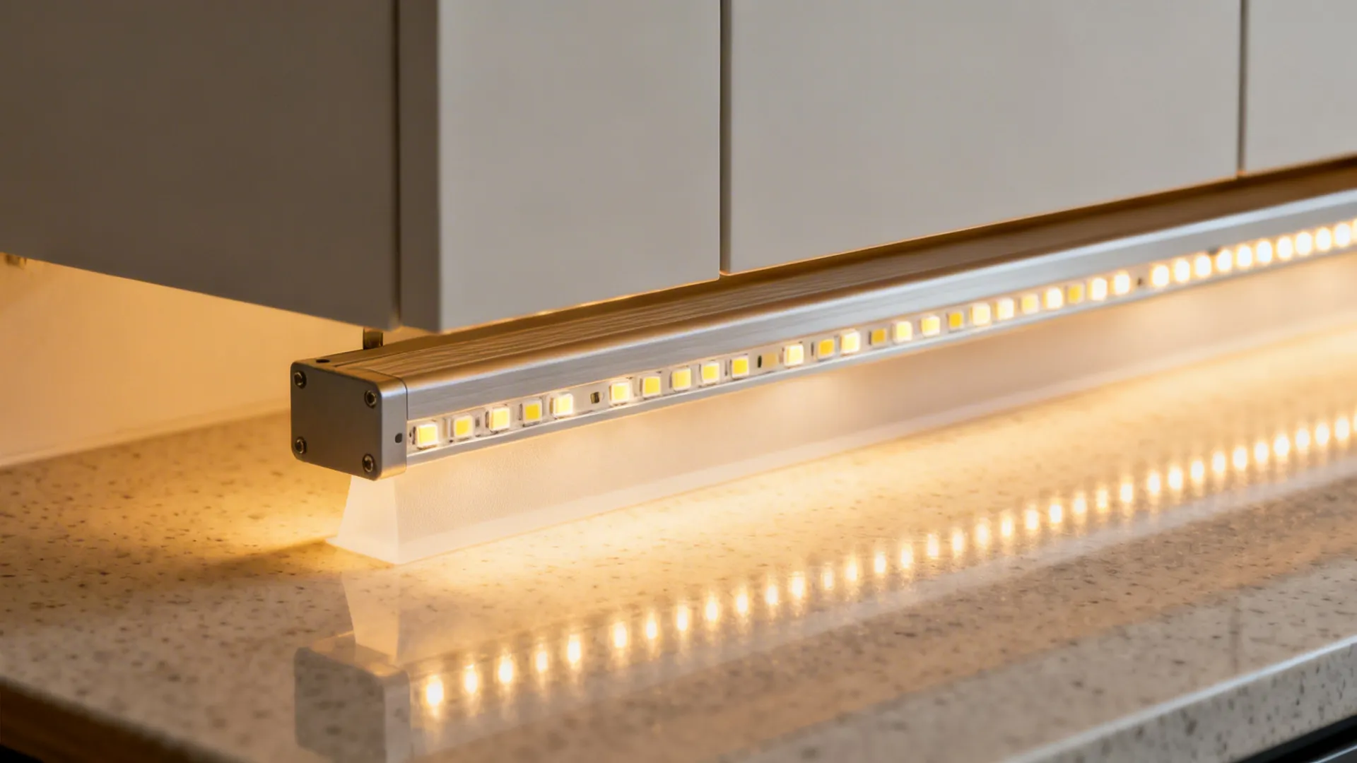 Macro view of an integrated LED strip channel casting even light on a quartz counter.