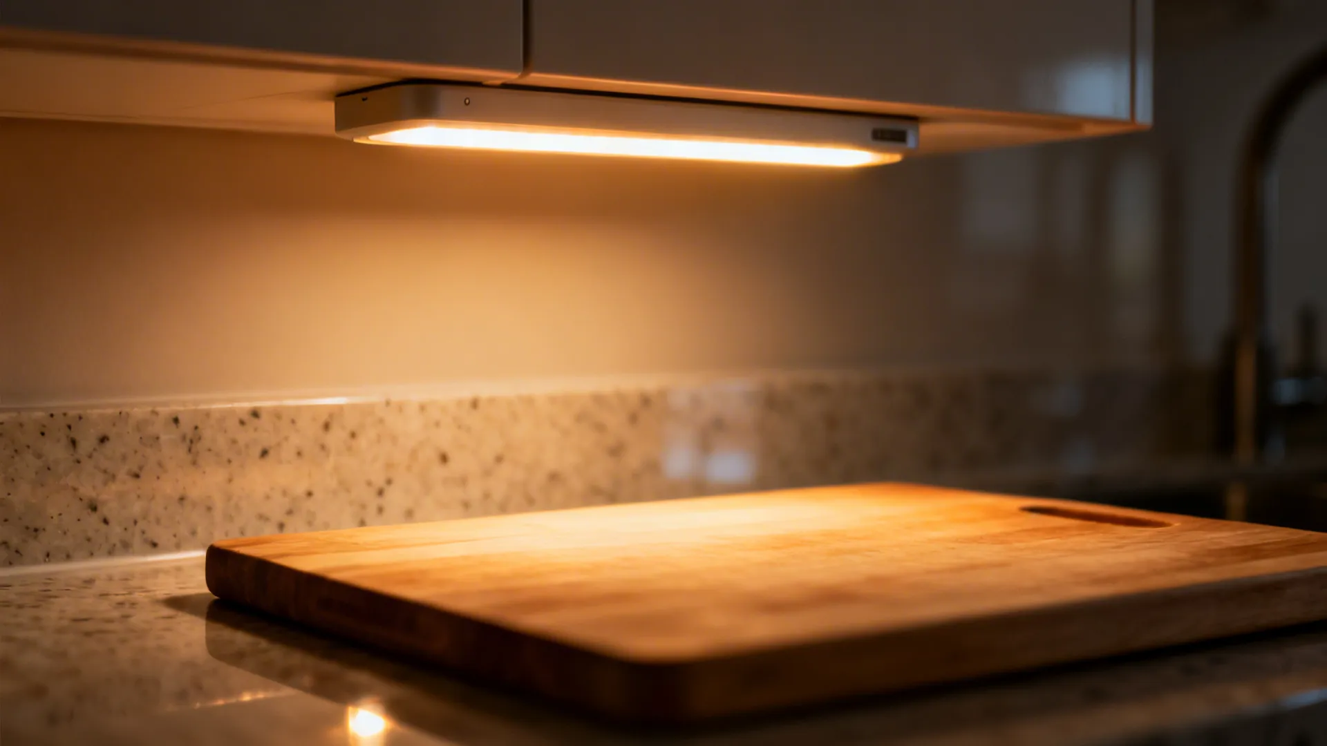 Close-up of high-CRI under-cabinet LED casting clear task light on a cutting board.