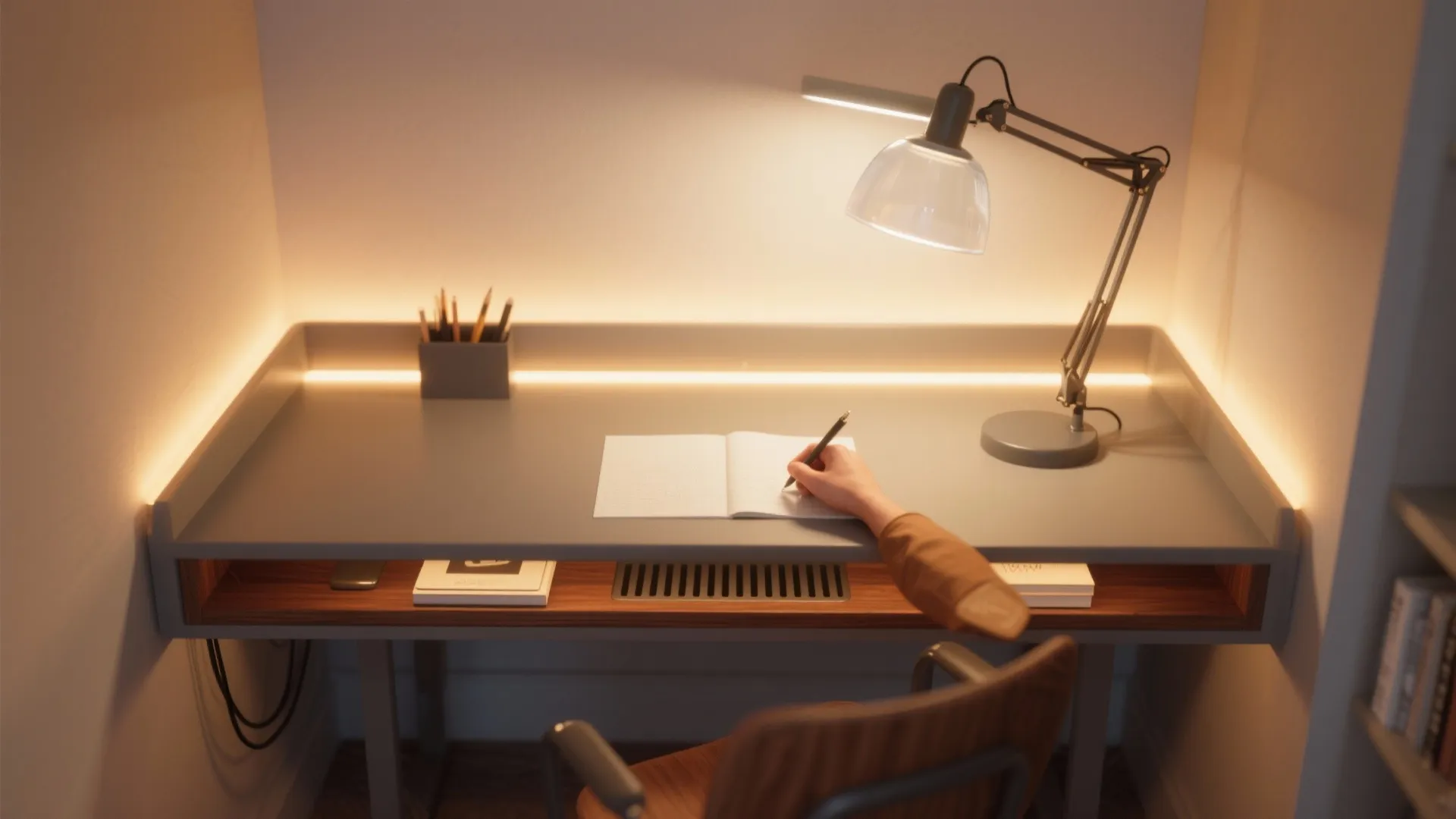 Person writing in a notebook at a grey desk with a warm desk light fixture