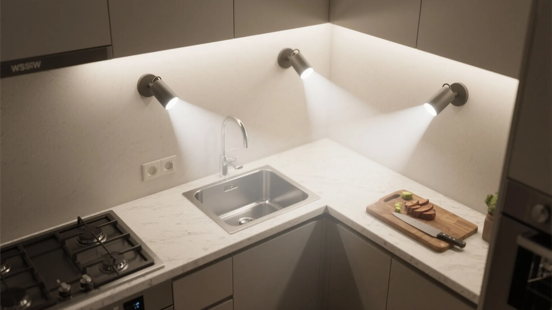 Modern kitchen countertop with sink and three wall light fixtures providing bright task lighting illumination