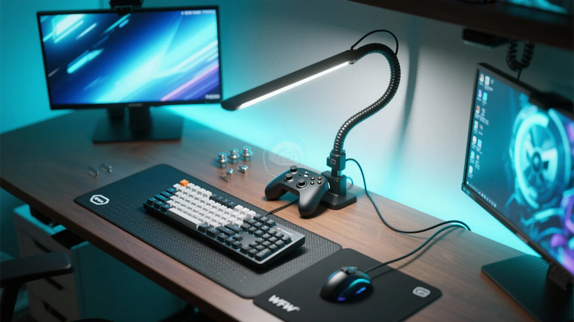 Top-down view of a gooseneck task lamp lighting a keyboard without glare on dual monitors.