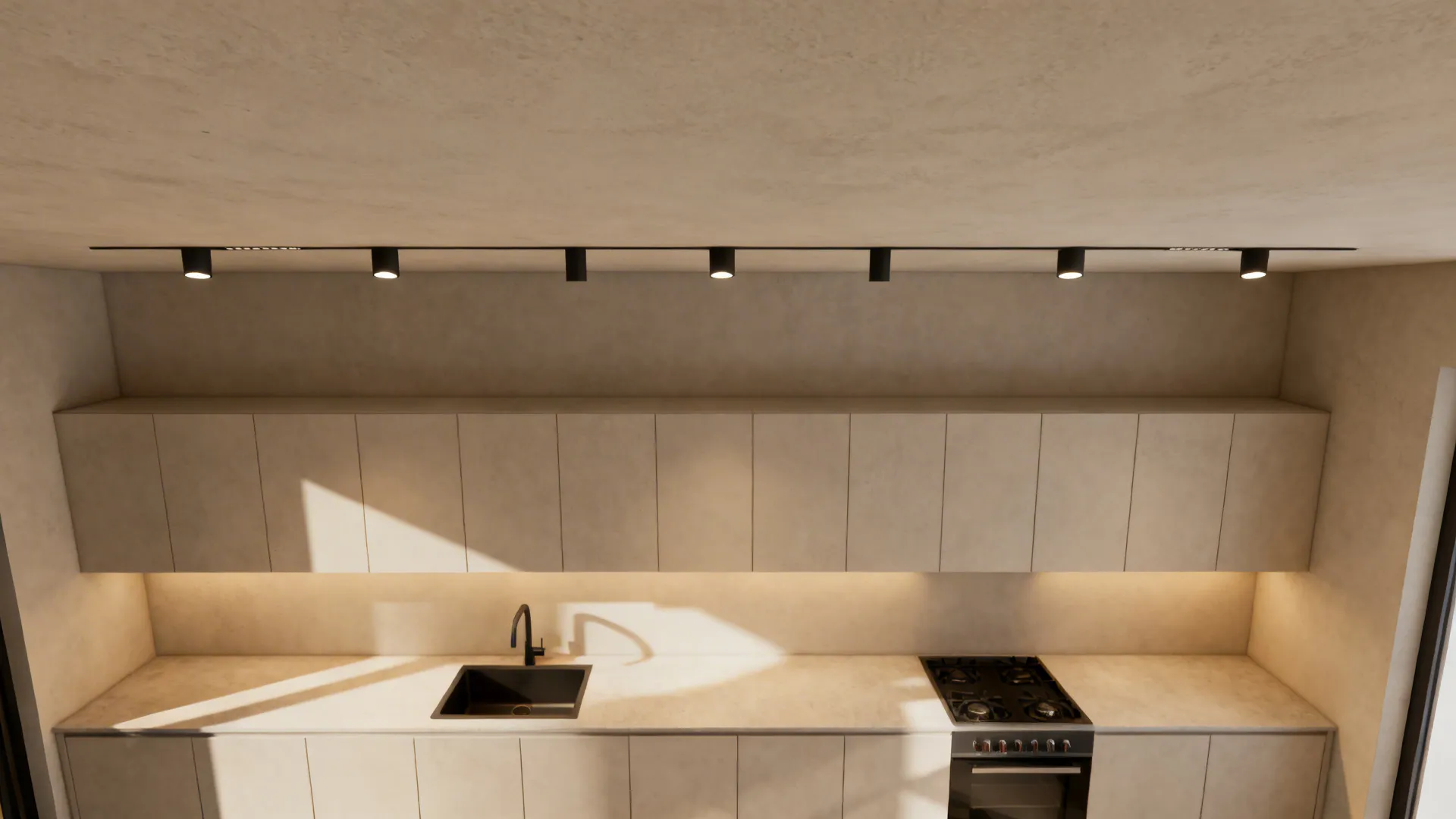 Top-down kitchen view showing recessed task light placement along the countertop.