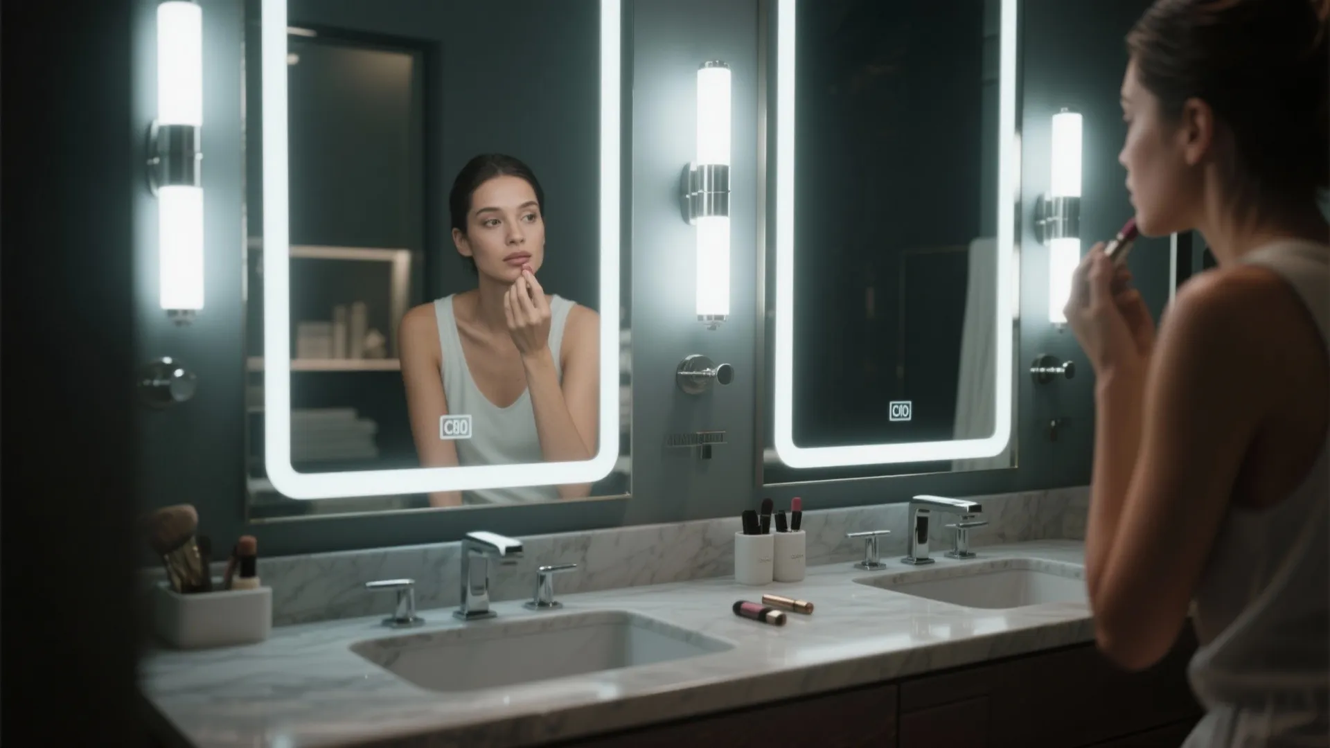 Woman applying lipstick in a bathroom mirror with bright wall lights and a marble sink