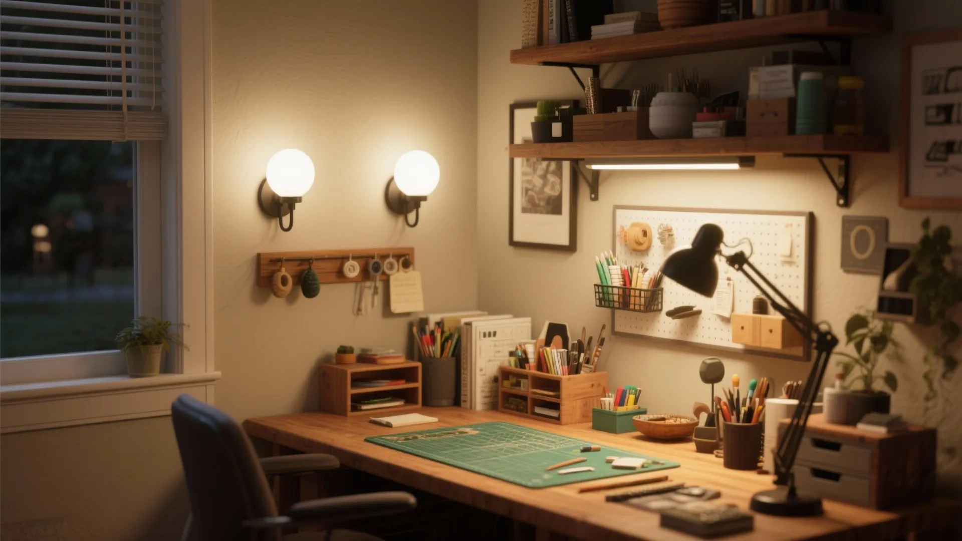 Wooden desk workspace with round wall lights a black desk lamp and organized office shelves