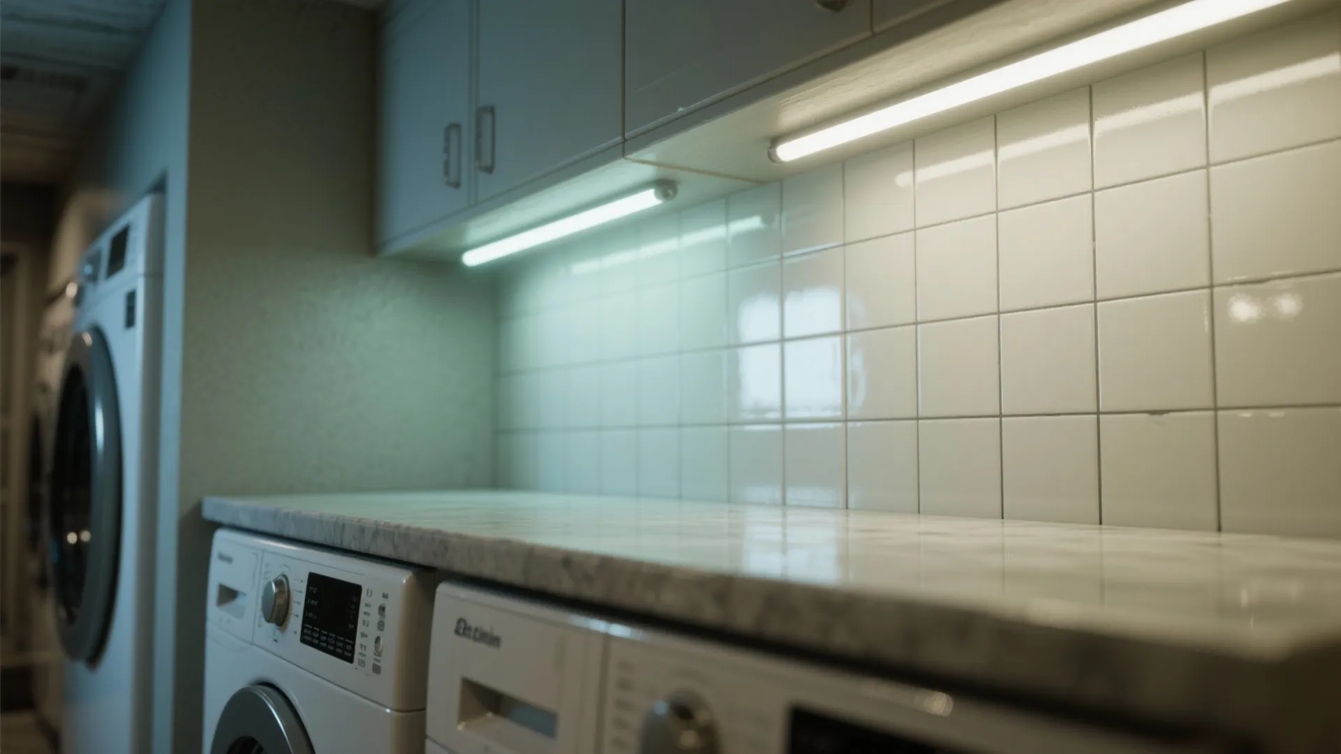Close-up of under-cabinet LED lighting illuminating a matte counter and glossy backsplash in a basement laundry.