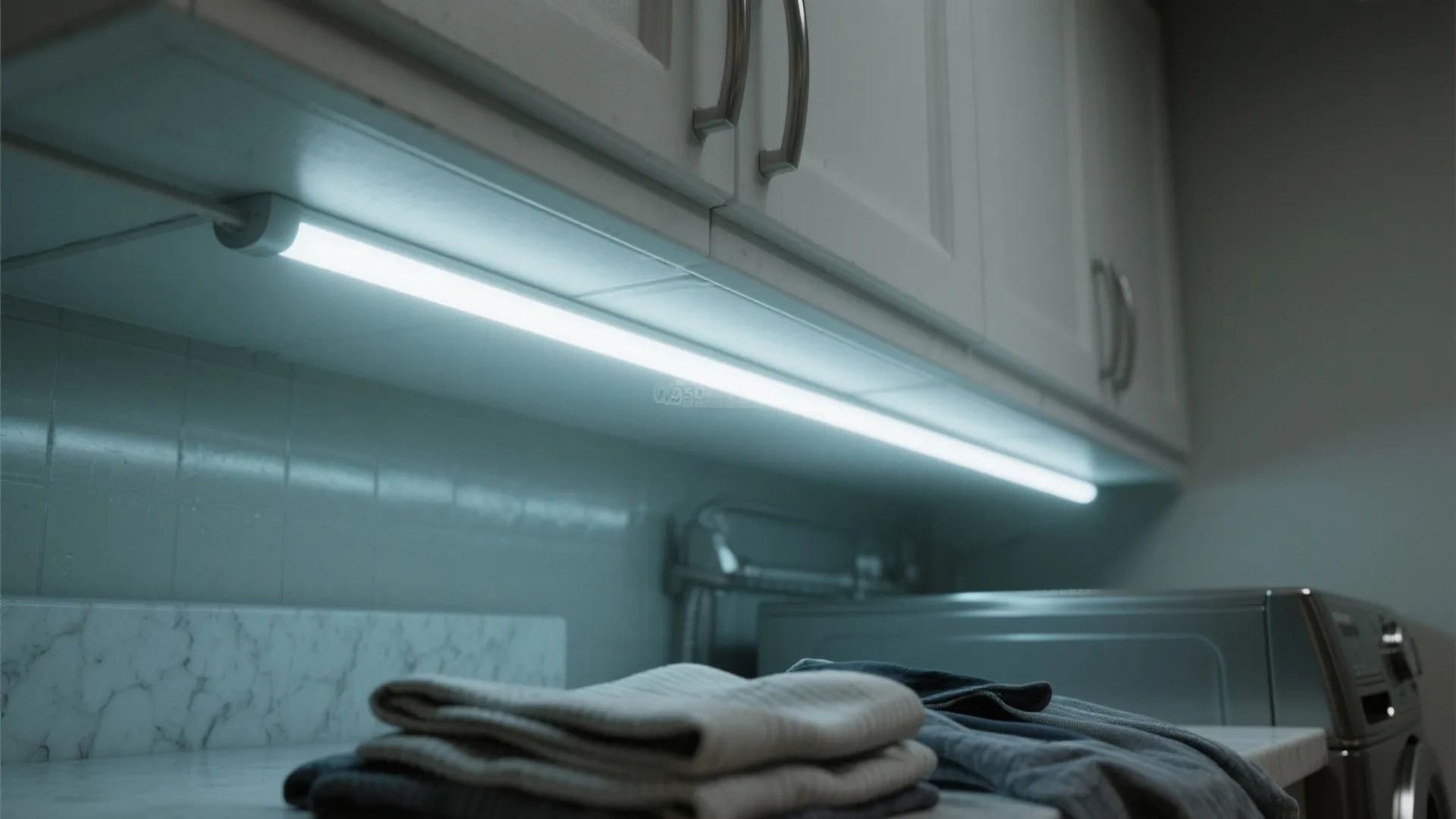 Bright white light fixture installed under kitchen cabinets illuminating folded towels on a marble countertop