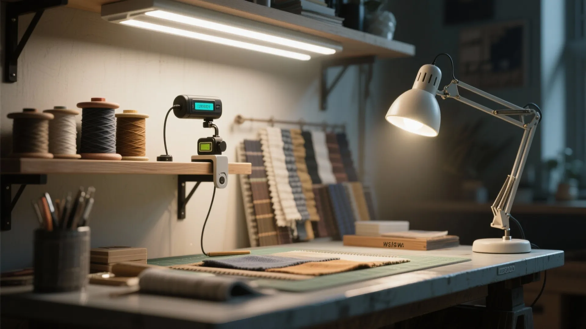 Bright task light and desk lamp illuminating a workspace for sewing with fabrics and thread