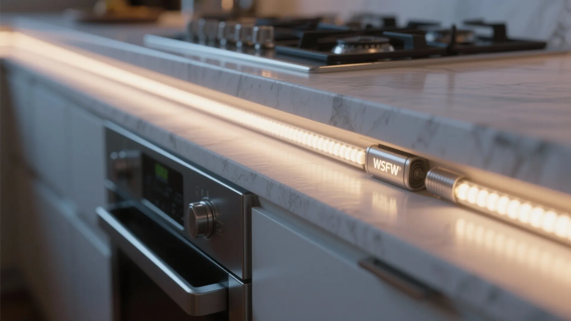 Linear light strip installed along the edge of a white marble kitchen counter near oven