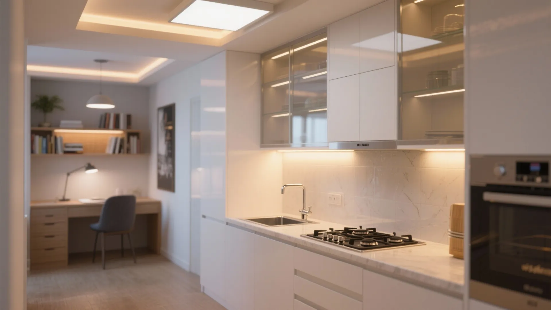 Small apartment kitchen with bright task lighting white cabinets marble walls and a home office