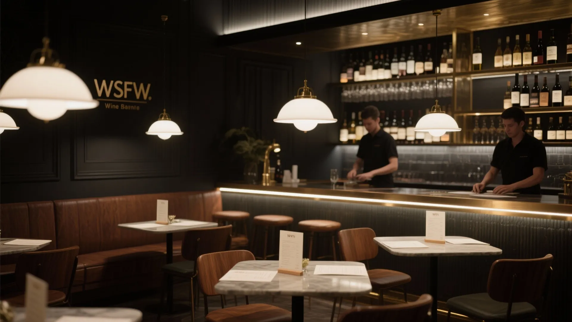 Wine bar with opal-diffused pendants and shielded under-bar task lighting preserving mood.