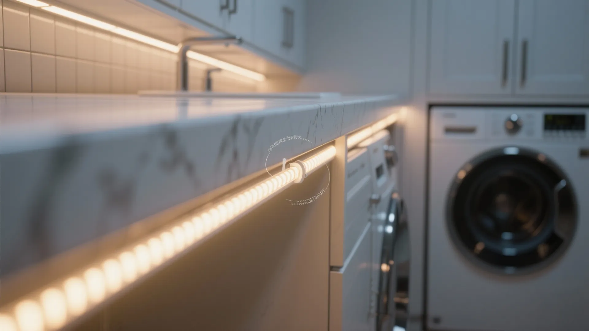 LED strip light installed under white kitchen counter next to a white front loading machine